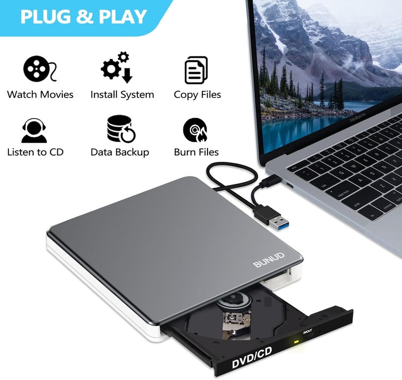 BVNUD محرك DVD خارجي، Superdrive USB C لأبل، محرك DVD قابل للاحتراق والقراءة USB 3.0 لماك، محرك DVD خارجي محمول لأجهزة الكمبيوتر المحمولة ماك بوك ويندوز 11 10 PC لينوكس OS - Image 2